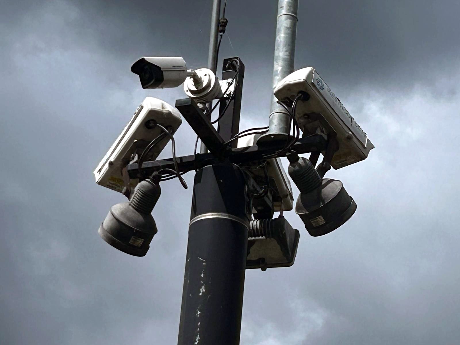 The old CCTV and floodlight assembly on the Pageant Field pole before replacement.