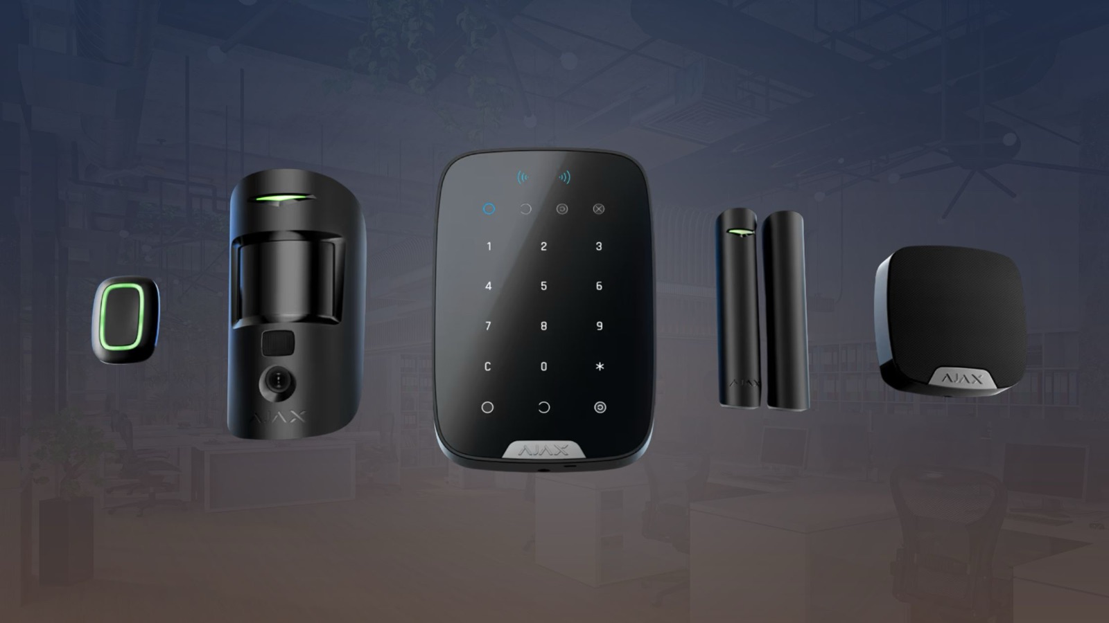 Ajax wireless alarm equipment: motion detector, keypad, door contact and siren