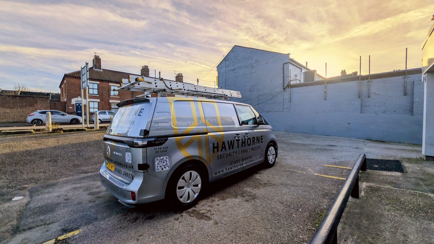 Hawthorne van at sunset